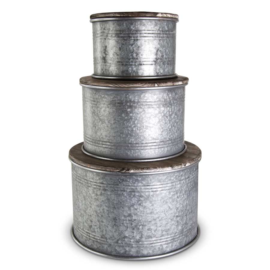 Round Galvanized Tin Barrel with Wooden Lid, Small