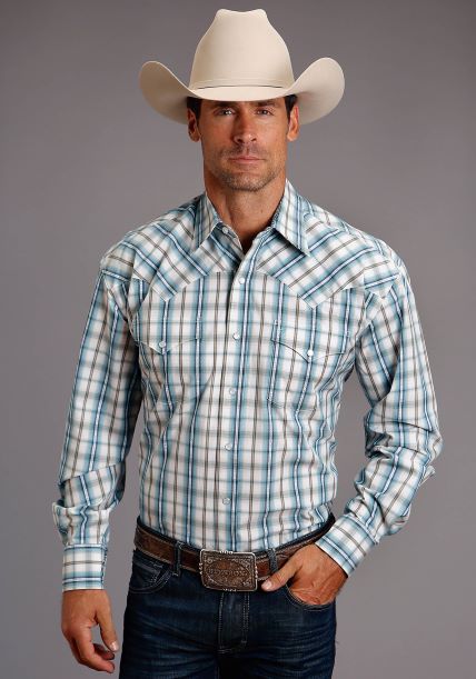 Stetson Men's Long Sleeve Blue Plaid Snap Western Shirt