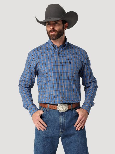 Wrangler George Strait One Pocket Long Sleeve Shirt, Blue Plaid