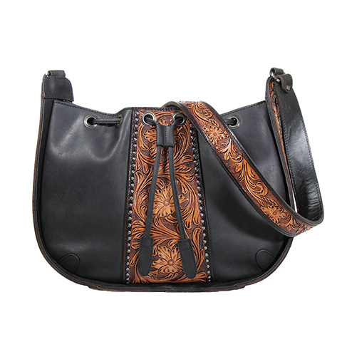 Nocona Hand Tooled Black Leather Shoulder Bag