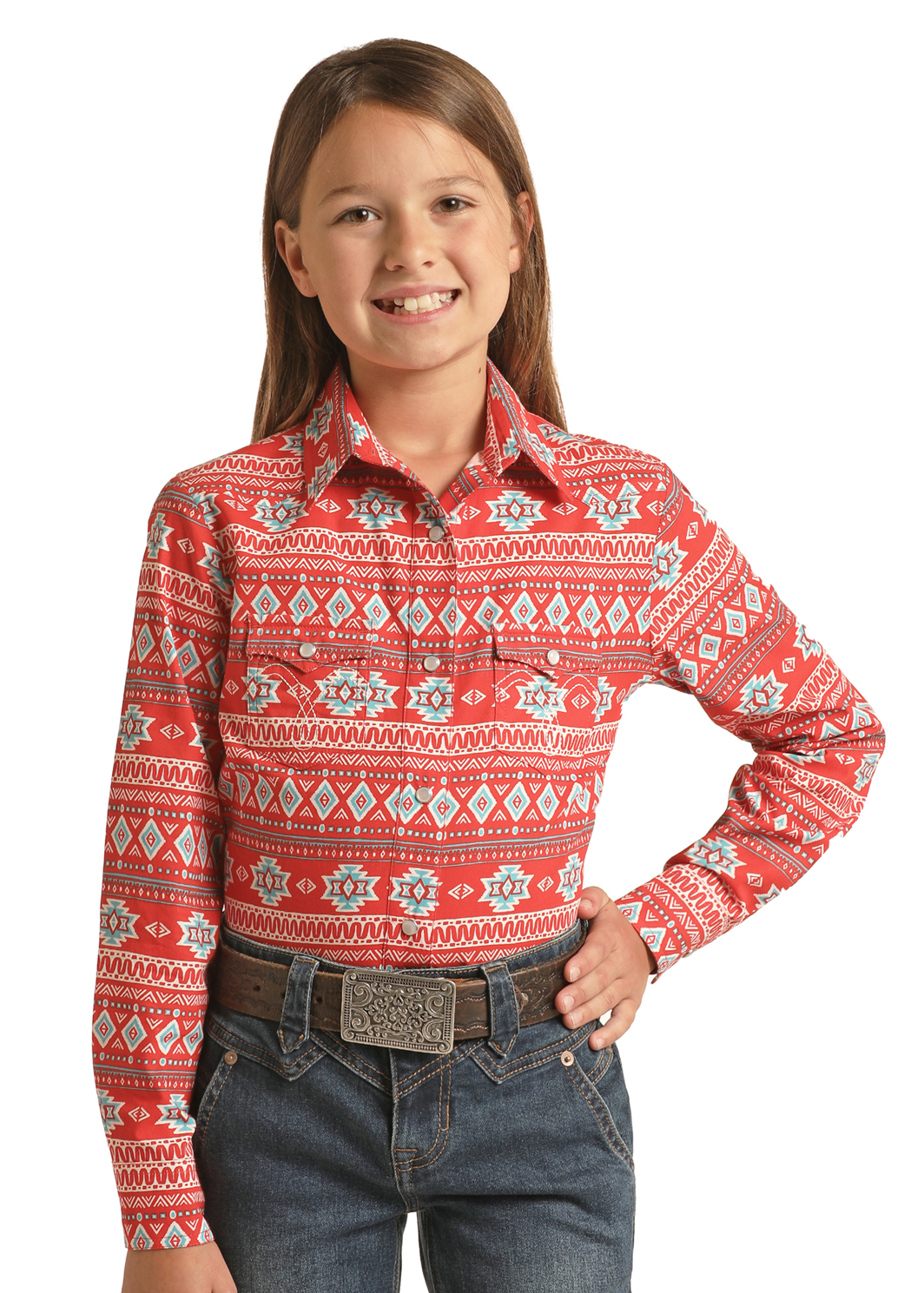 Panhandle Girls' Long Sleeve Red Button Snap Shirt with Aquamarine Aztec