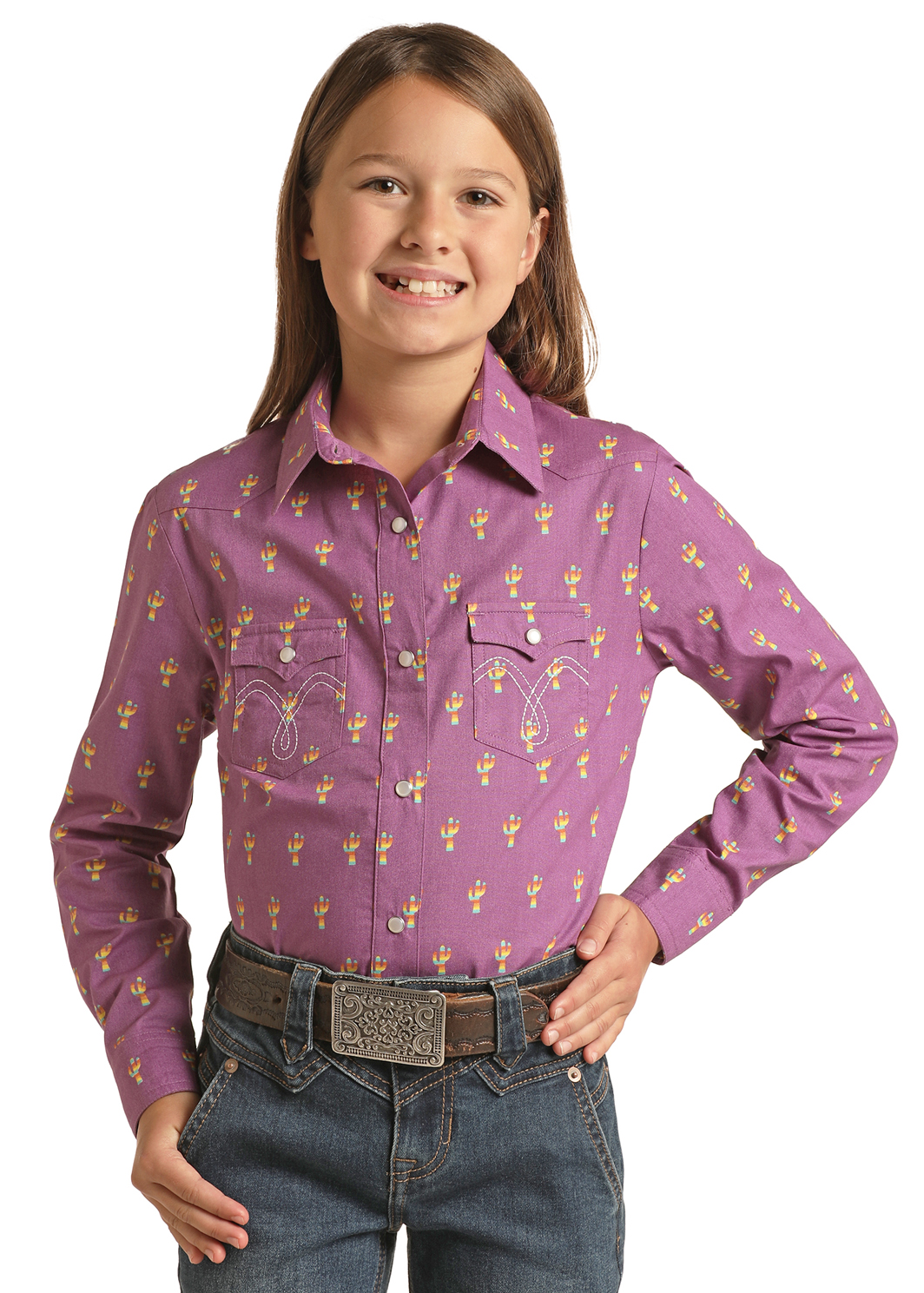 Panhandle Girls' Long Sleeve Purple Cactus Button Snap Shirt