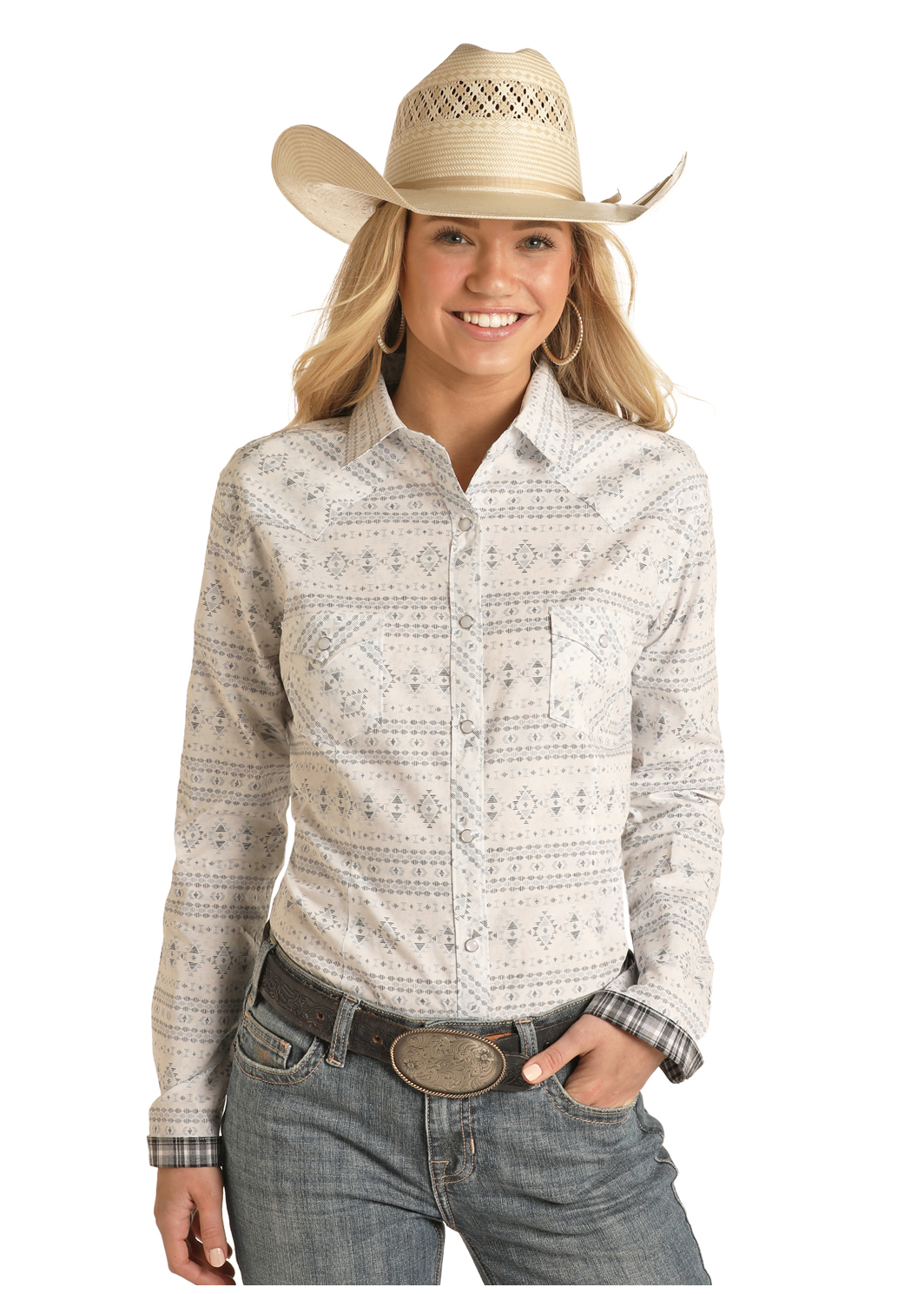 Panhandle Womens' Long Sleeve White Aztec Pattern Button Snap Shirt
