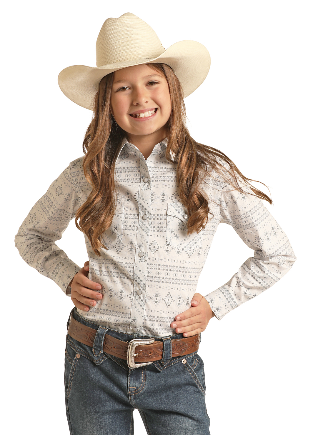 Panhandle Girl's Long Sleeve White Aztec Pattern Button Snap Shirt