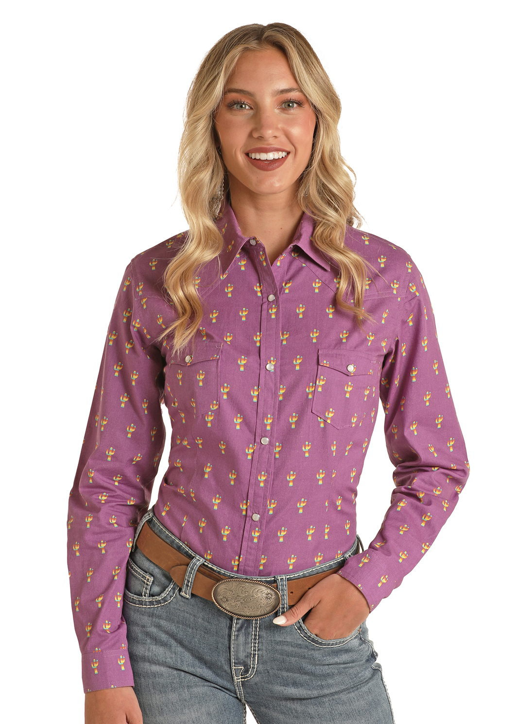 Panhandle Women's Long Sleeve Purple Cactus Button Snap Shirt