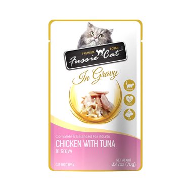 FUSSIE CAT PREMIUM CHICKEN W/TUNA IN GRAVY 2.47OZ POUCH