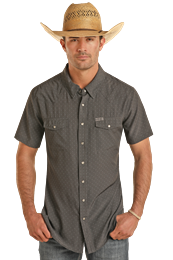 Panhandle Men's Short Sleeve 2 pocket Geo Woven Snap Shirt, Charcoal