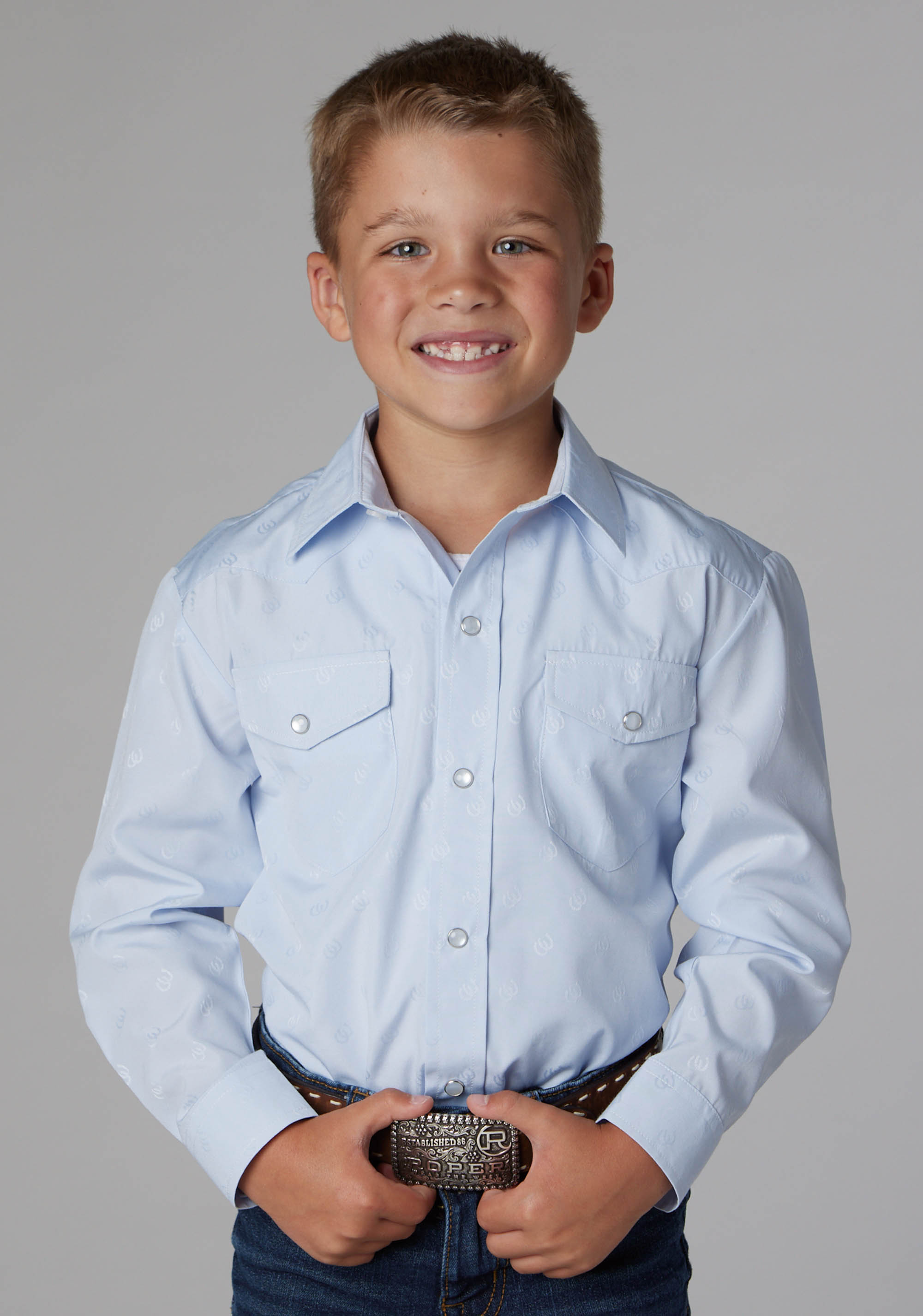 Roper Boys Light Blue Button Up Tone on Tone Horseshoes