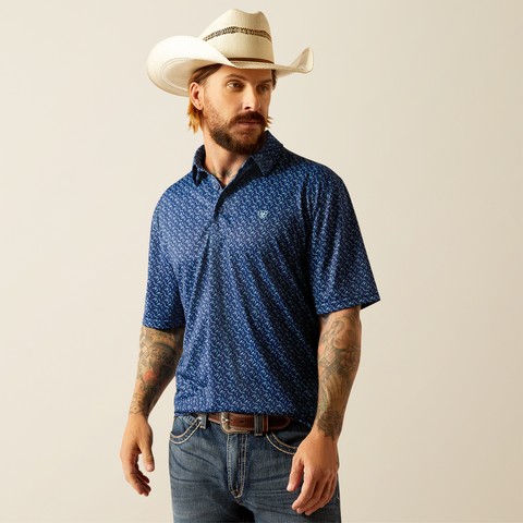 ARIAT MENS ALL OVER PRINT POLO IN BLUE DEPTHS