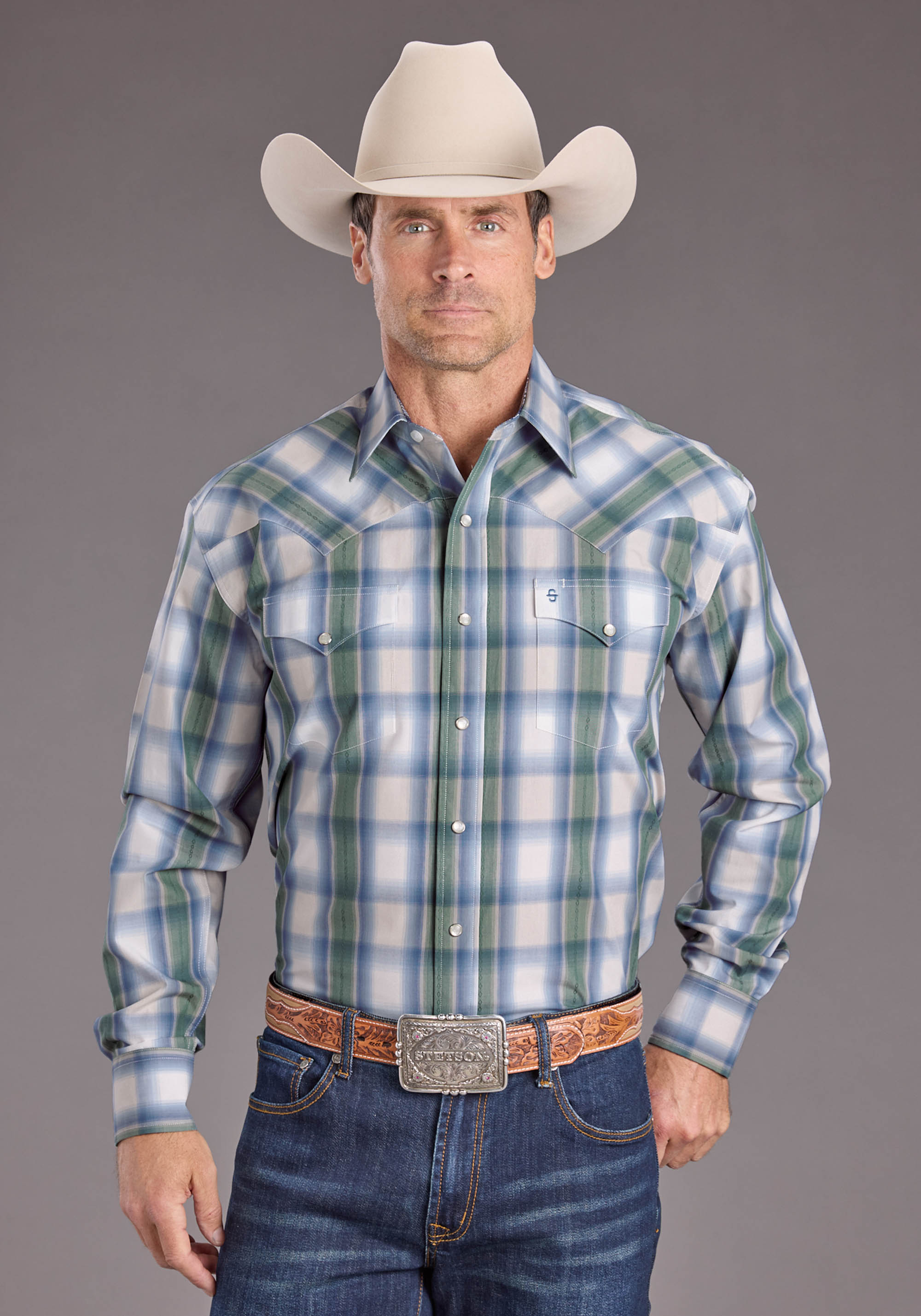 STETSON MEN'S DOBBY PLAID LONG SLEEVE SHIRT