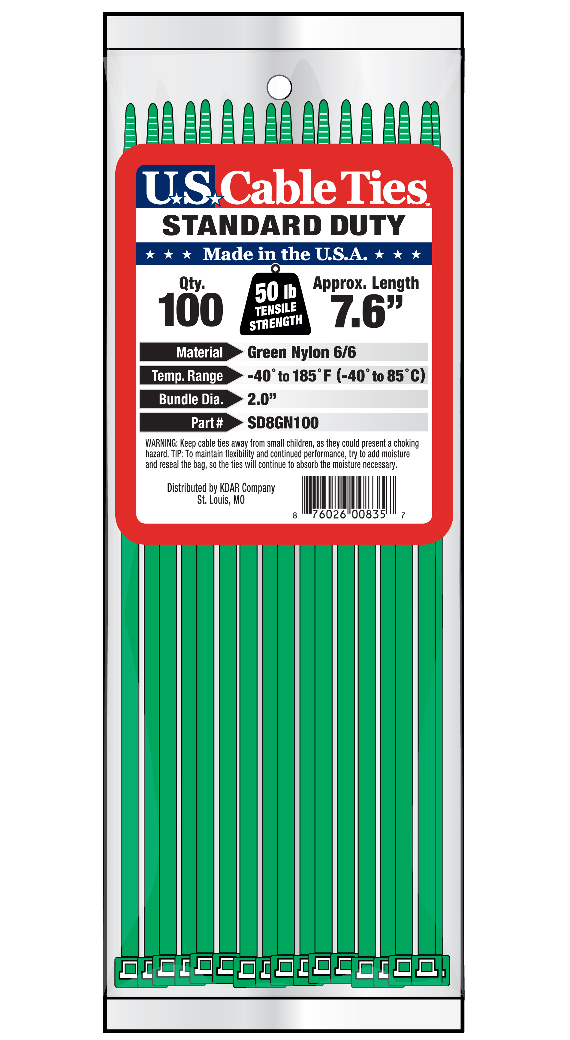 Zip Tie 100 Pack 8" Green