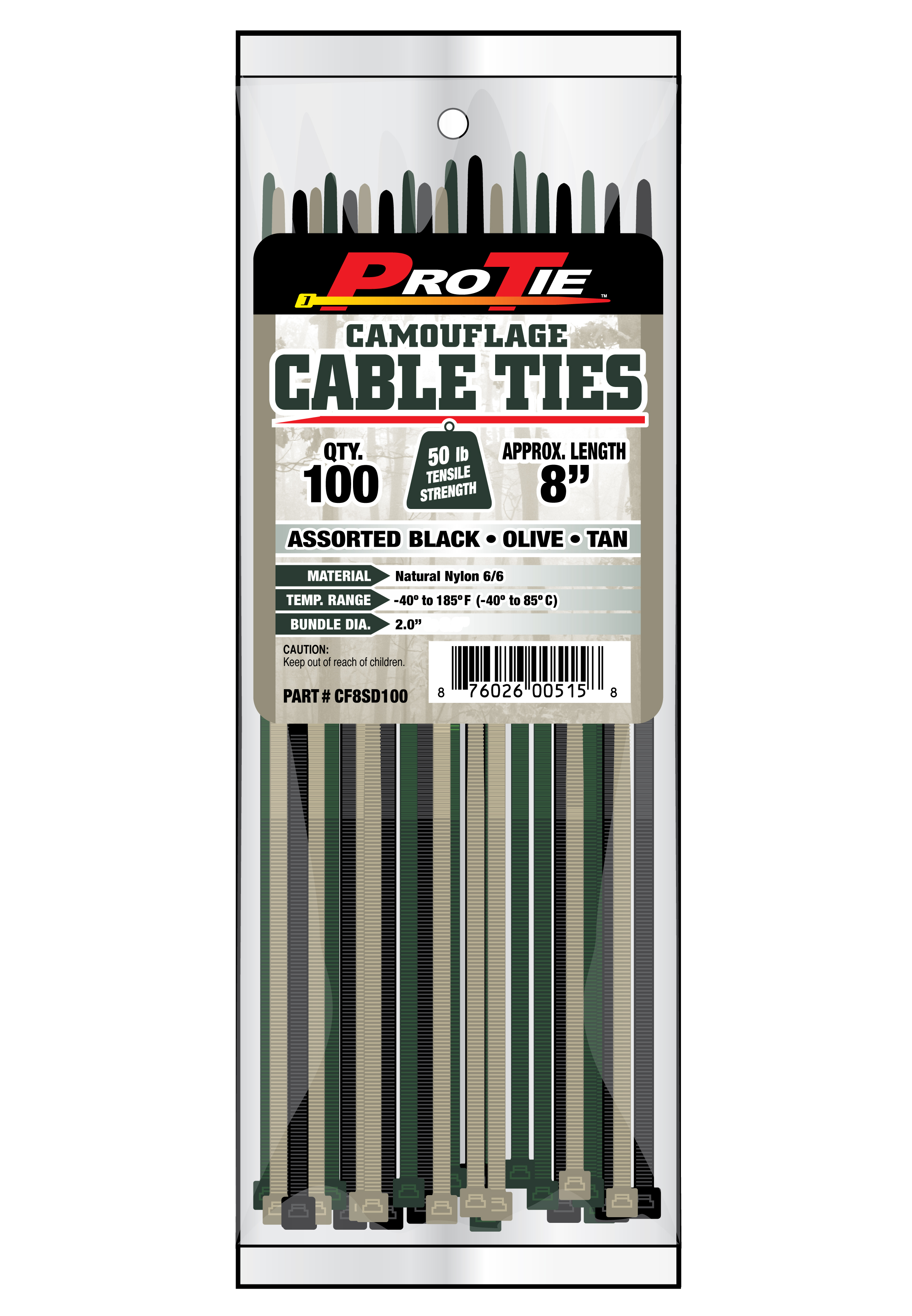 Zip Tie 100 Pack Camo 8"