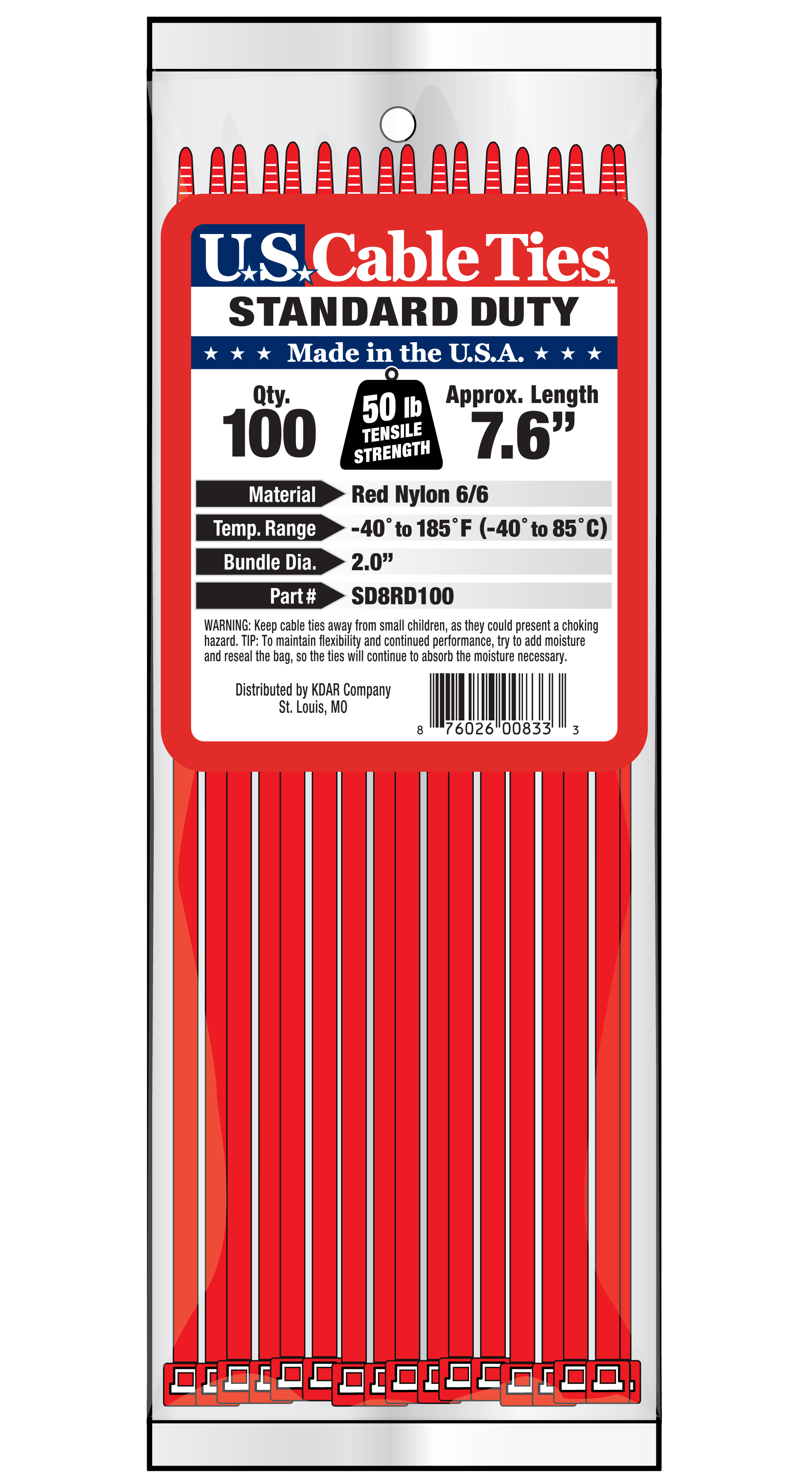 ZIP TIE 100 PACK 8" RED